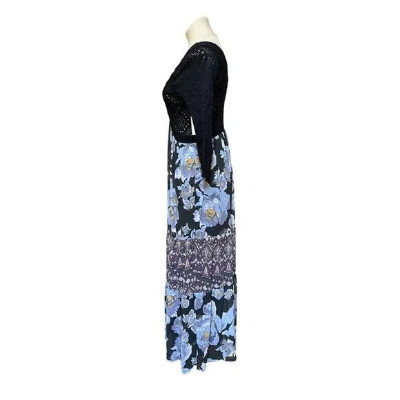 Free People RARE NWT Blue Ethic Rose Crochet Knit Tiered Floral Maxi Dress Bohem - Picture 6 of 13